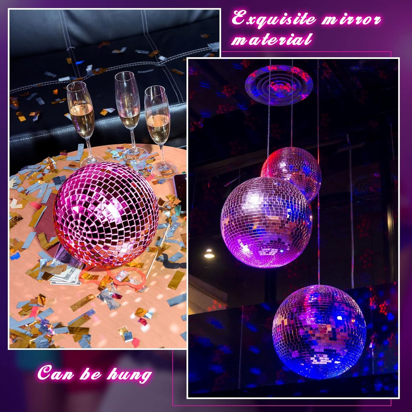 WILLBOND 12 Pack Disco Ball Mirror Ball with Hanging Ring for Fun Retro Disco Party Decorations Party Dj Lighting Effect Stage Props Game Accessories, 5.91", 3.94", 3.15", 2.36"(Pink)