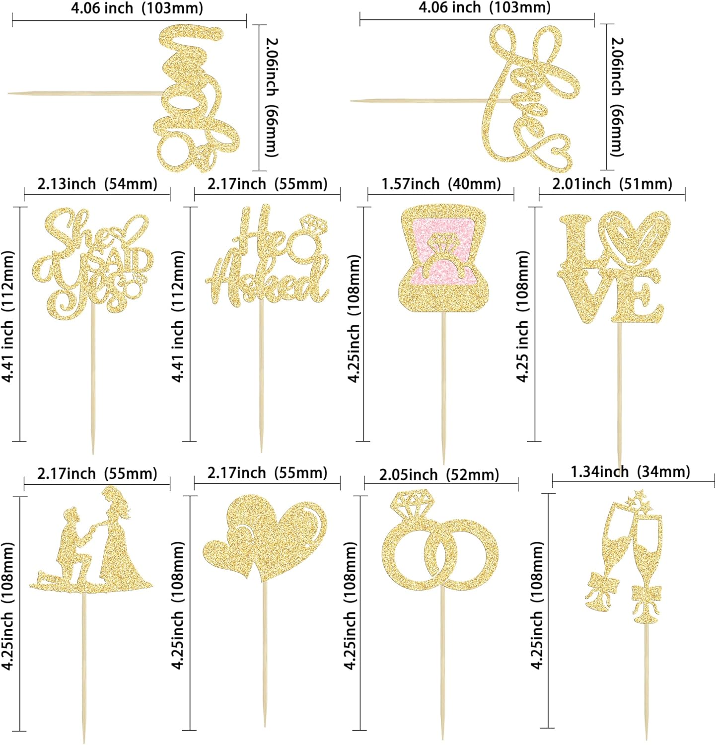 Ephlyn 30Pcs He Asked She Said Yes Cupcake Toppers Glitter Engagement Cupcake Toppers Diamond Ring Heart Love I Do Cupcake Picks for Engagement Wedding Party Cake Decorations Gold