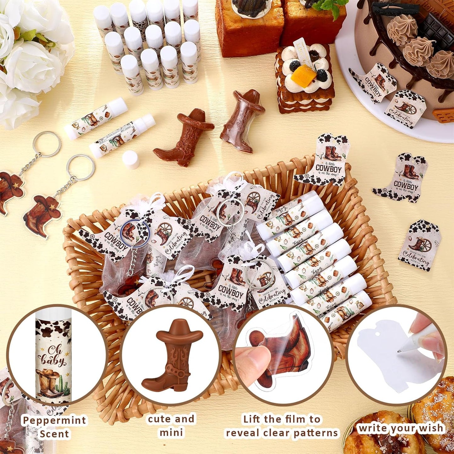 288 Baby Shower Favors Baby Shower Gifts Bulk Lip Balms Soaps Keychains Organza Bags Guest Appreciation Gift with Thank You Tags and Cards for Boys Girls Guest Gift (Brown,Cowboy)