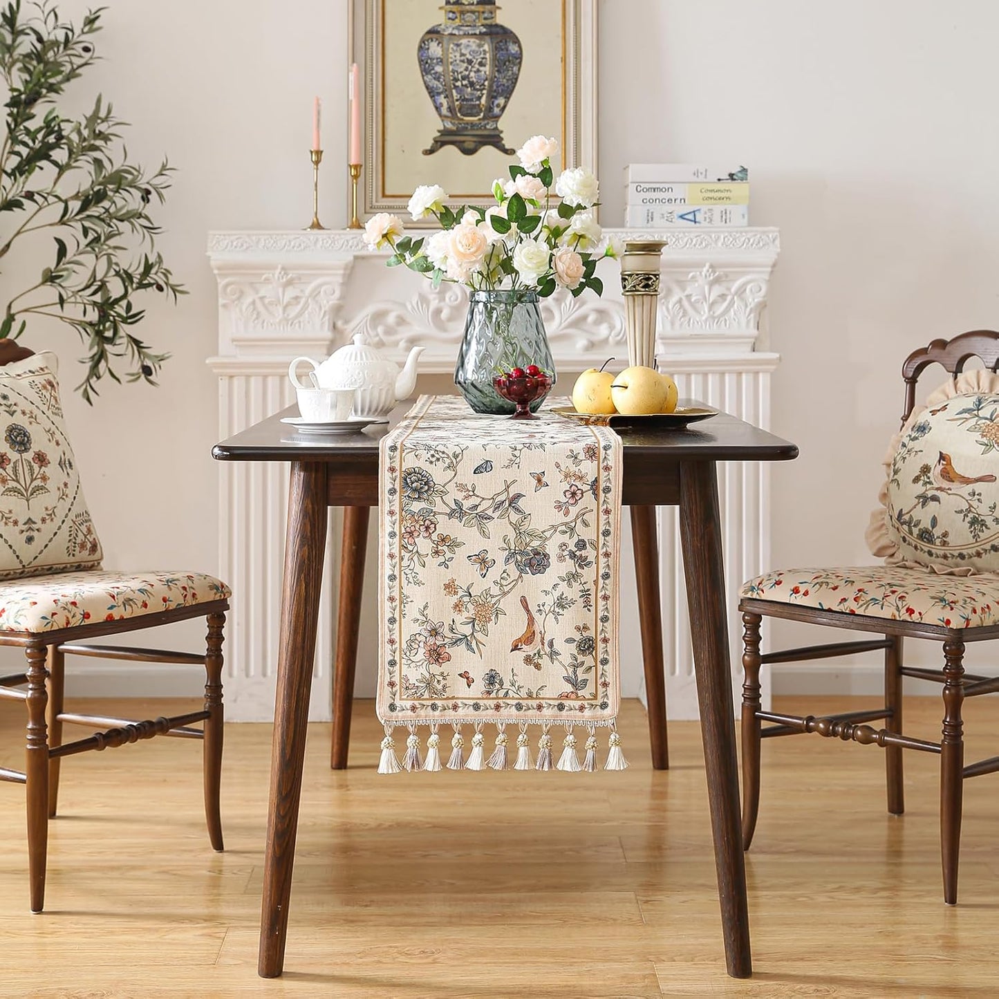 ISAENNE Designer Linen Table Runner 71 Inches Long,Elegant Floral Bird Pattern Table Runners for Dining Room,Farmhouse Rustic Kitchen Decor,Thanksgiving,Christmas,12"*71"-Cornucopia