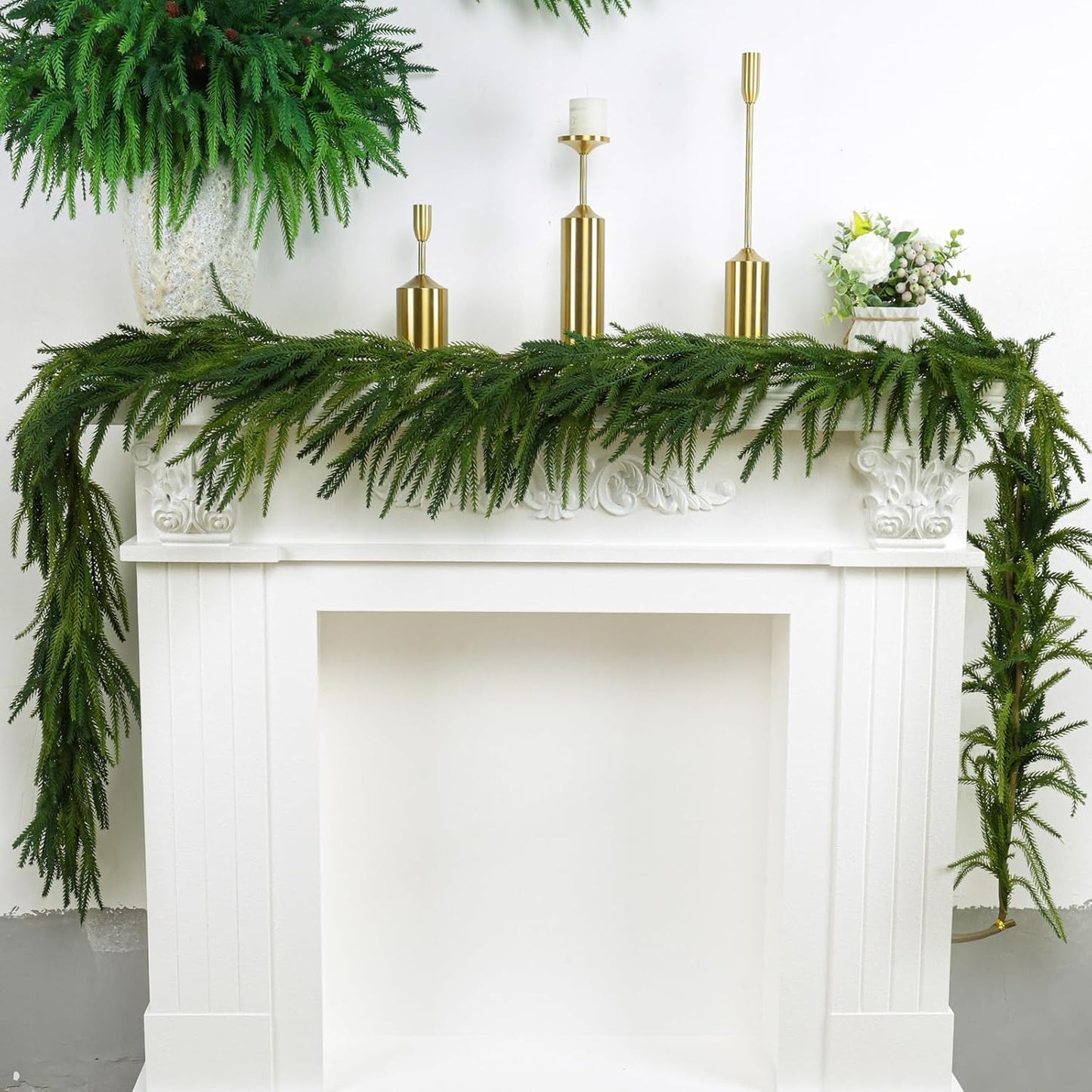 4 Pcs Artificial Norfolk Pine Garlands Christmas, 9 FT Dense Real Touch Winter Pine Garland Ornament, Green Artificial Greenery Garland for Table, Mantle, Wall, Indoor, Outdoor Christmas Decorations