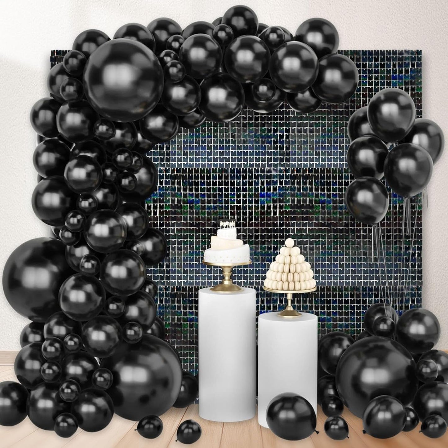 24PCS Black Shimmer Wall Backdrop, Laser Square Sequin Photo Backdrops Panel, Glitter Wall Background for Birthdays, Weddings, Christmas, Engagements, Disco Bachelorette Party Decoration (4FTx6FT)