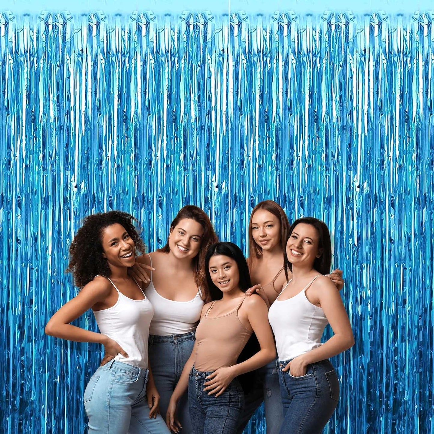 4 Pack Lake Blue Foil Fringe Curtain Backdrop, 3.3Ft x 9.8Ft Metallic Tinsel Foil Fringe Streamers Curtains for Photo Booth, Wedding, Thanksgiving, Birthday, Christmas, Halloween Party Decoration