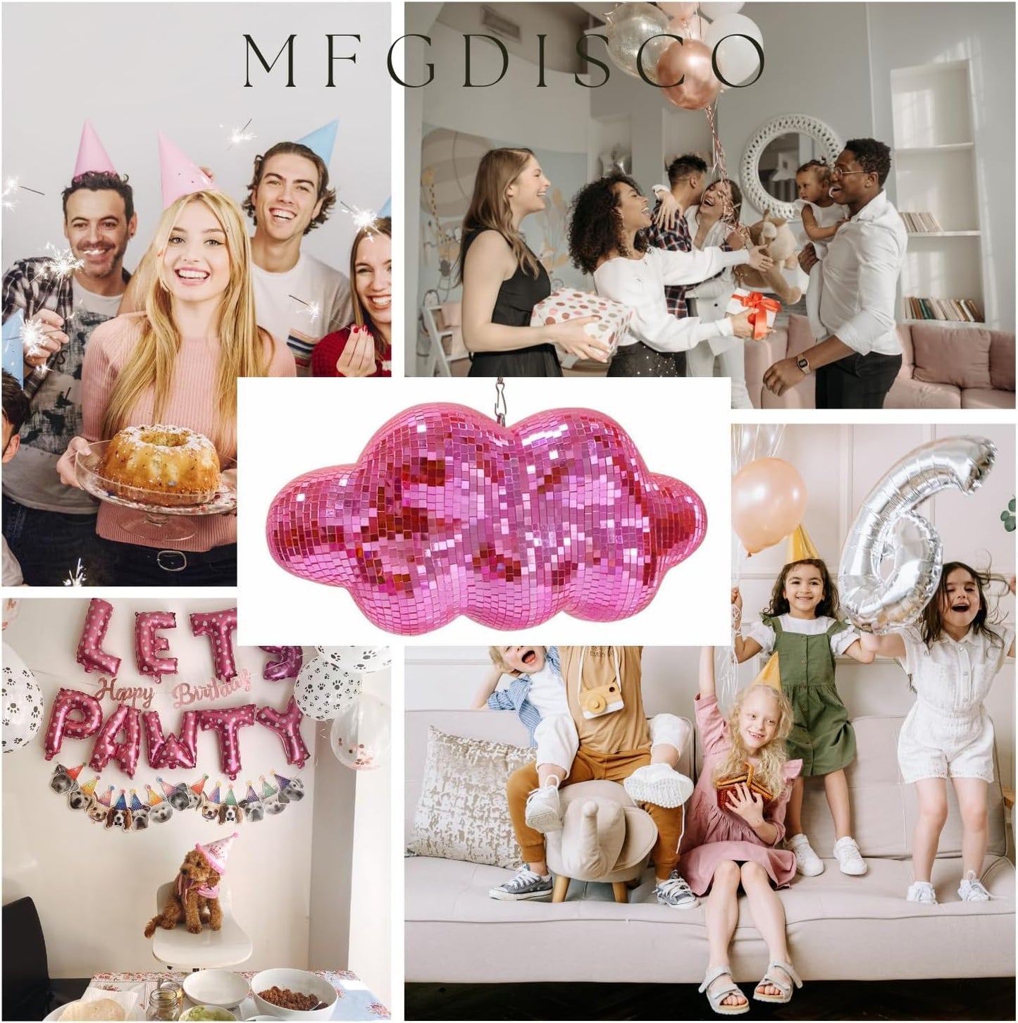 Pink Disco Ball Cloud Shaped, Hanging Disco Decor for Party,Room,Home, Retro Reflective Mirror Ball with Chain, Disco Ornaments, Design Patent