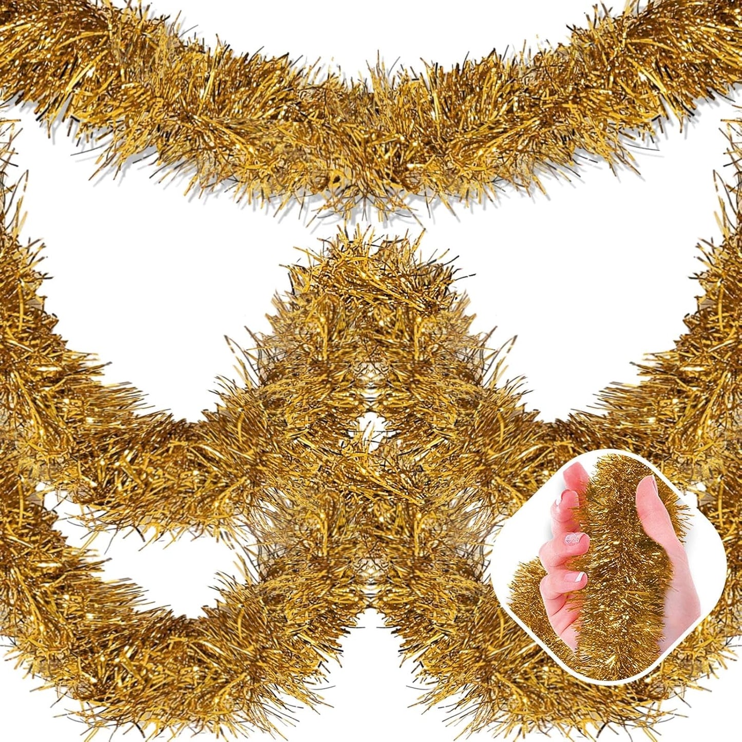 50 Feet Champagne Gold Christmas Tinsel Garland, Metallic Foil Twist Garland Wall Hanging Tinsel Banner Backdrop for Parade Floats, Easter, Mother's Day, Wedding Party Decorations (2in x 50ft)