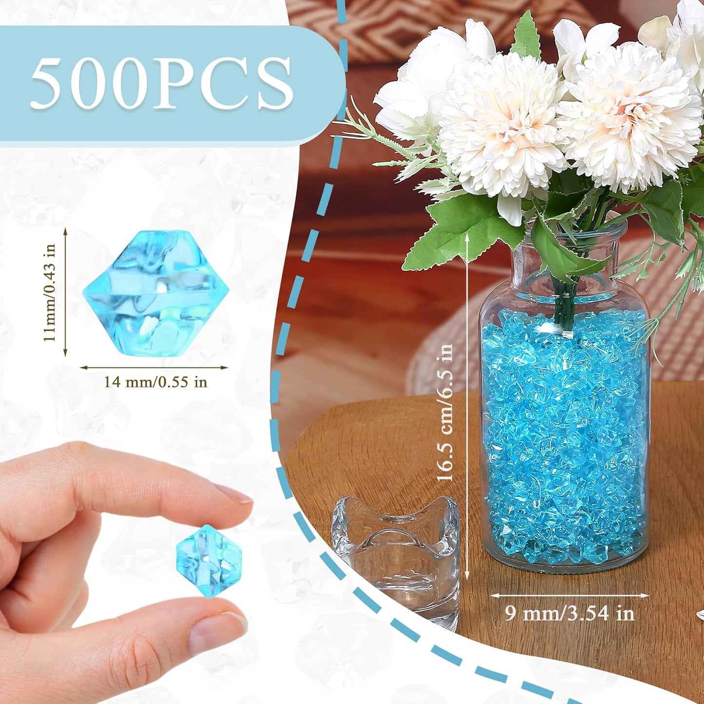 LAIDANLA 500PCS Aqua Blue Acrylic Gems Vase Fillers Fake Ice Cubes Plastic Diamonds Fake Crushed Rocks for Centerpiece DIY Party Wedding Decoration Accessories Table Scatter Prop