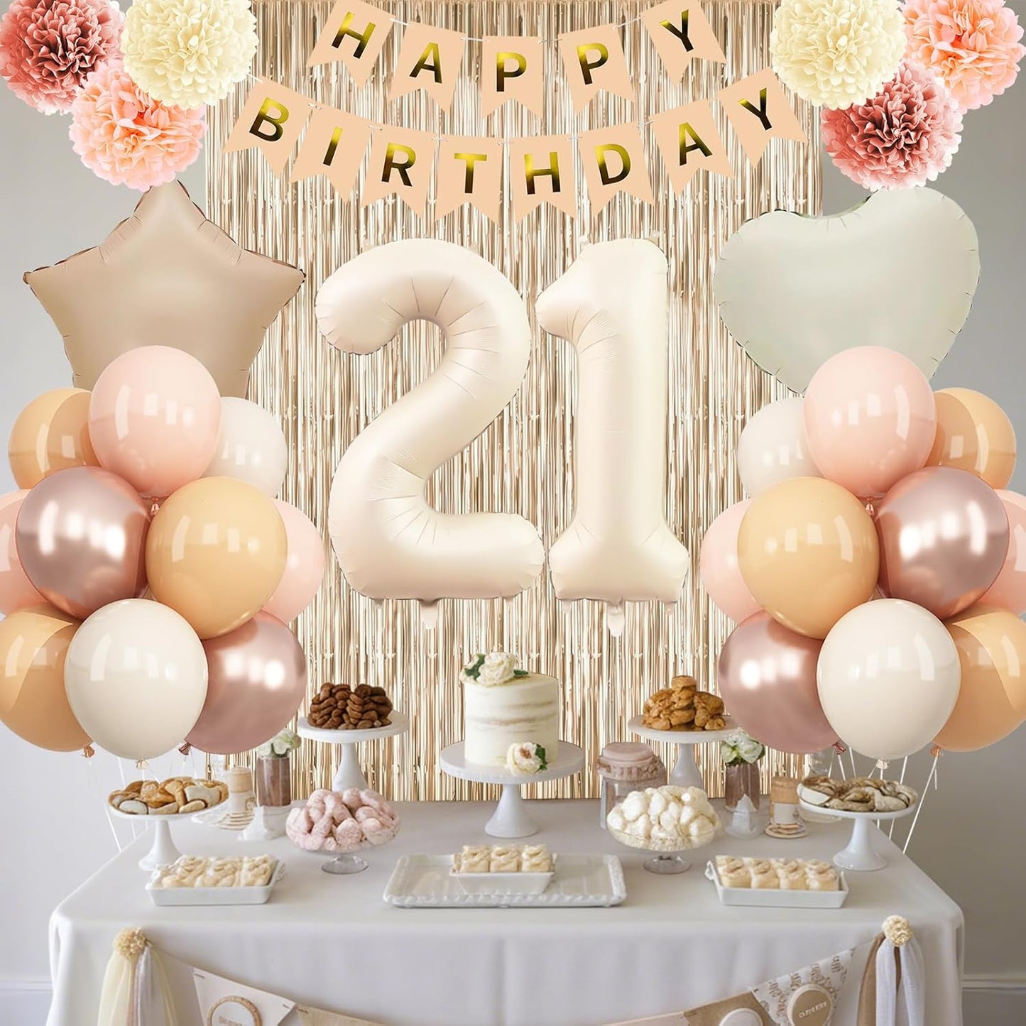 Beige 21st Birthday Decorations for Her Cream Number 21 Balloon Nude Gold Happy Birthday Banner Fringe Curtain Paper Pom Poms Blush White Sand Champagne Star Foil Balloons Neutral Boho Party Decor