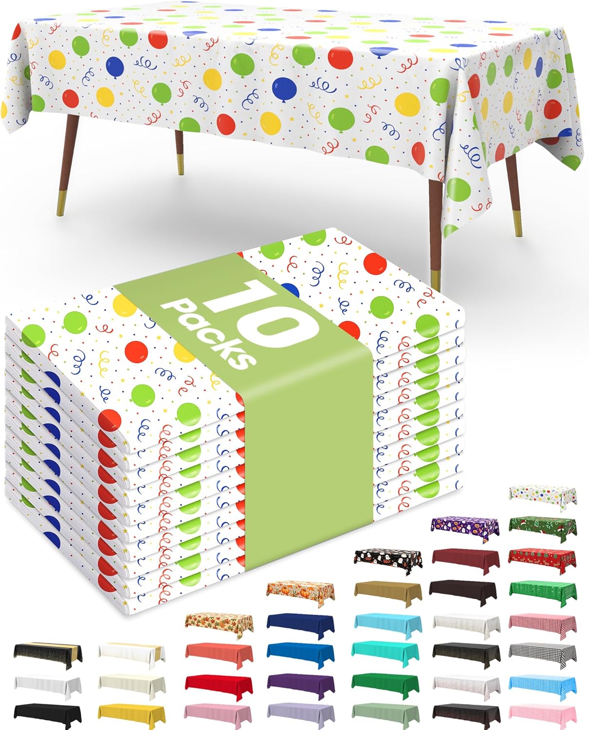 Pureegg Plastic Table Cloth Disposable 10 Pack, 54 x 108 Inch Table Cloths, Birthday Party Decorations, Picnic, White Tablecloths, Rectangle, Colorful, Rainbow Cover, Leakproof & Sturdy, Balloon