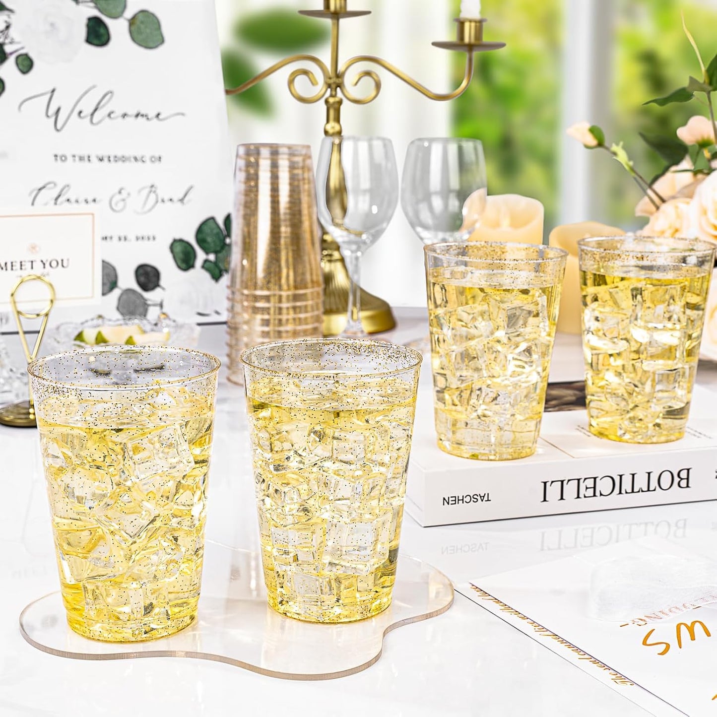 BESTVIP 12oz Gold Glitter Disposable Cups, 100 Pack Gold Plastic Cups, Heavy-duty Party Cocktail Glasses for Christmas, Thanksgiving, Plastic Cups for Party, Holiday, Wedding and Birthday