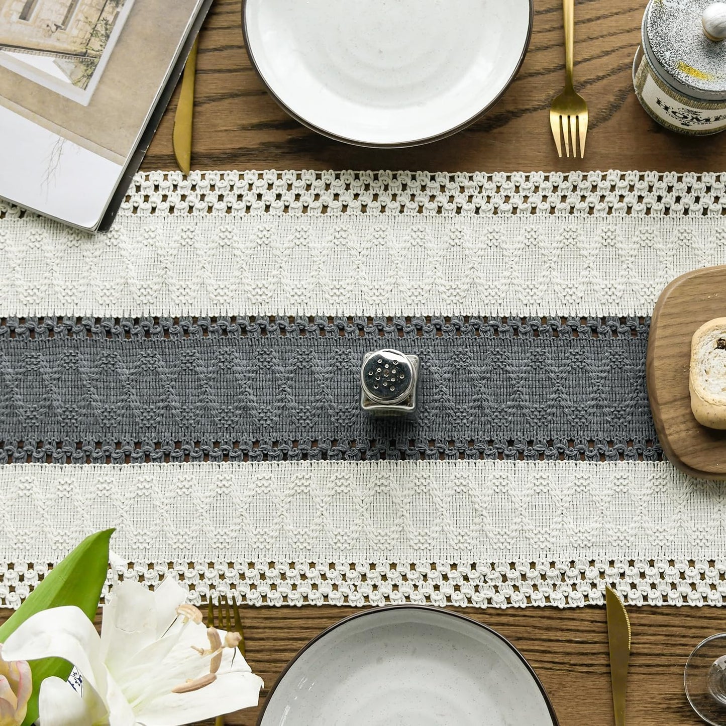 Artoid Mode Dark Grey Farmhouse Rustic Table Runner, Seasonal Holiday Hollow Kitchen Dining Table Decoration for Home Party Decor 12x48 Inch