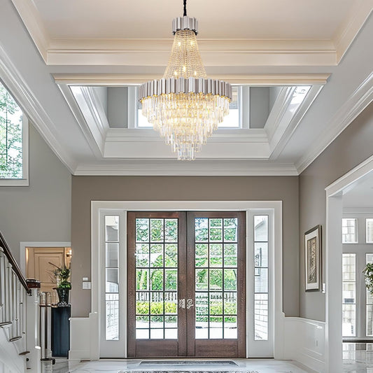 54" Luxury Long Crystal Chandelier for High Ceilings, 21-Light Modern Silver Large Chandeliers for Staircase, Foyer, Entryway, Living Room, Hallway, Contemporary K9 Crystal Tiered Chandelier