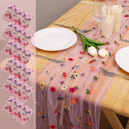 6PCS Pink Floral Table Runner 10 FT, Embroidery Daisy Table Runners Seasonal Sheer Tulle Table Runner for Thanksgiving Wedding Birthday Baby Shower Party ﻿