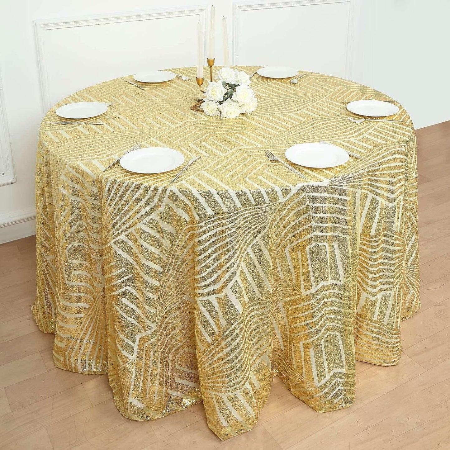 Efavormart 120" Gold Sparkly Sequin Geometric Tulle Round Tablecloth