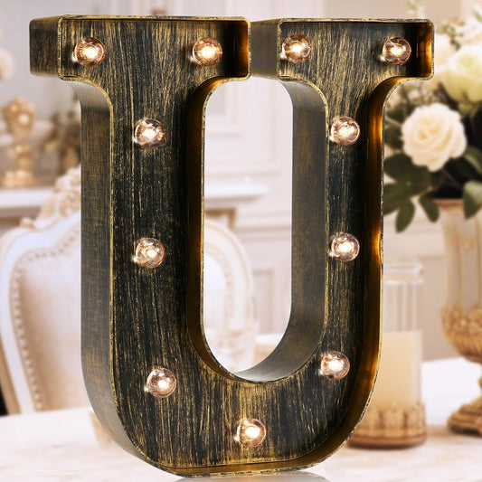 OYCBUZO Golden Black Led Marquee Letter - Industrial, Vintage Style Light Up Alphabet Letter Sign for Cafe Wedding Birthday Party Christmas Lamp Home Bar Initials Decor - U