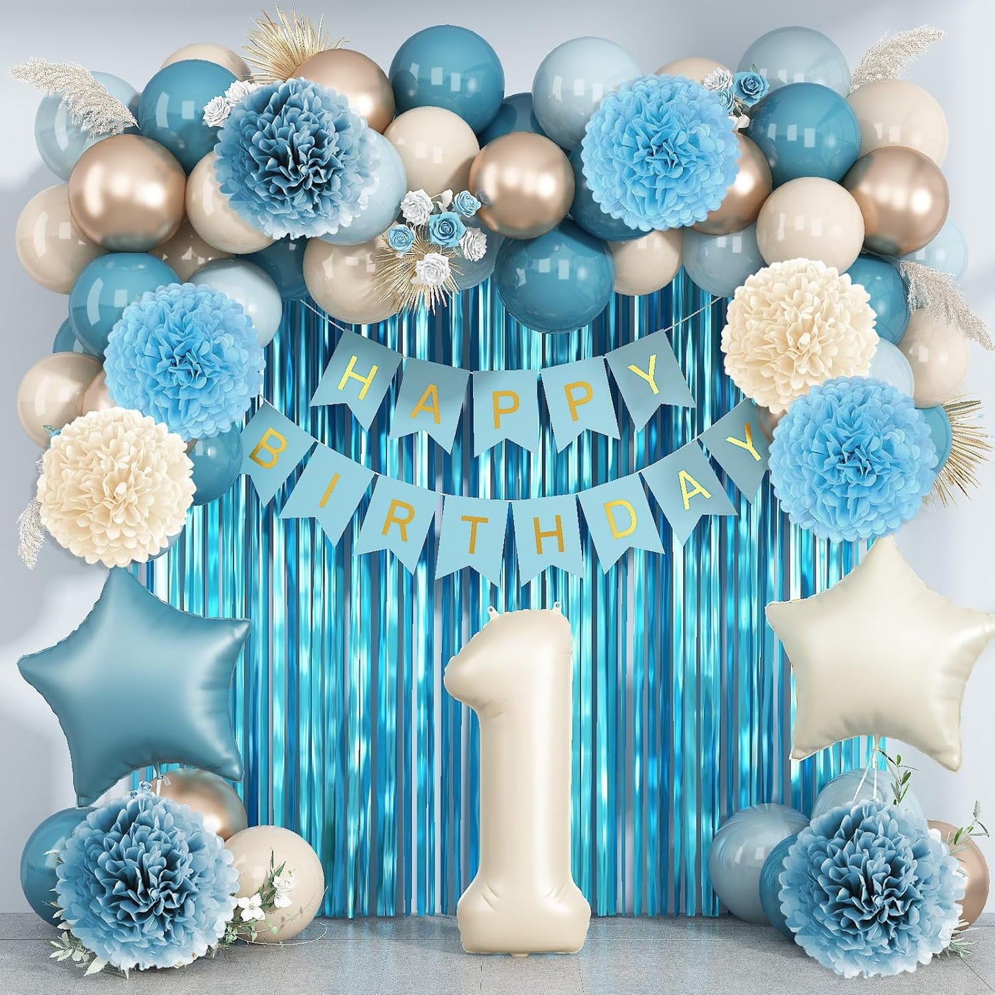 Dusty Blue 1st Birthday Decorations Beige Cream Number 1 Balloon with Blue Gold Happy Birthday Banner Fringe Curtain Paper Pom Poms Nude White Sand Champagne Star Foil Balloons Party Decor