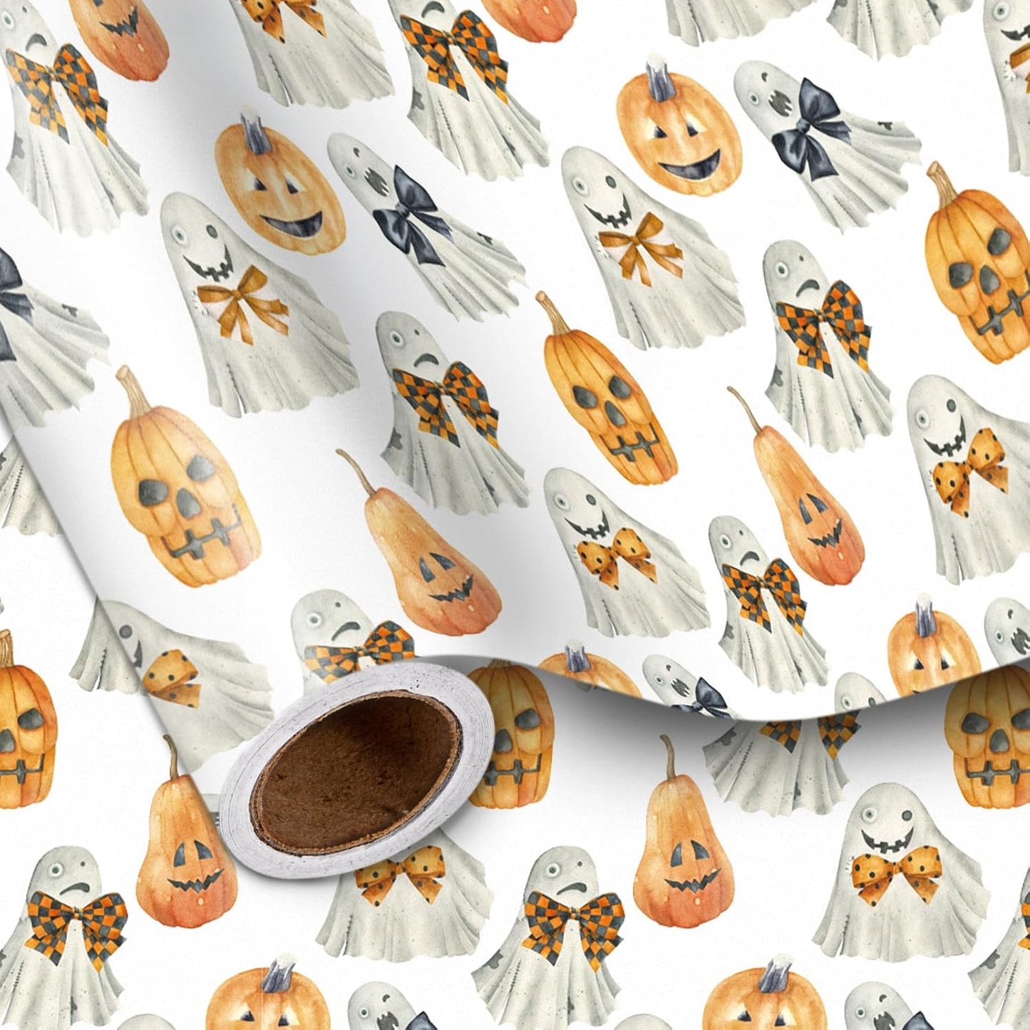 LeZakaa Halloween Wrapping Paper Roll for Kids, Watercolor Ghosts Pumpkins with Bows Spooky Soft Vintage Design, for Trick-or-Treat Decor,Aesthetic Holiday Packaging, Mini Roll 17 in x 16.4 Ft