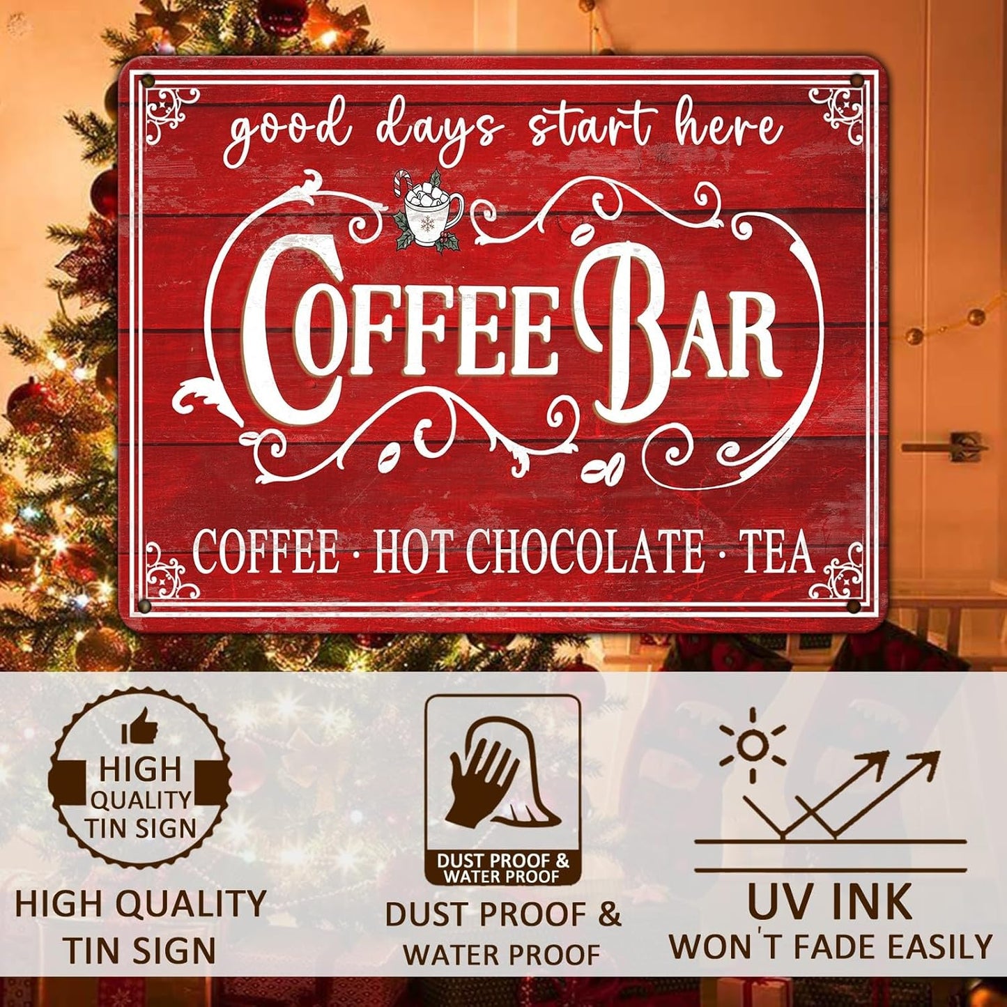 Vintage Christmas Coffee Bar Tin Sign - Kitchen Decor - Tea Bar Accessories - Hot Chocolate - Retro Tin Sign - Home Coffee Corner Decor - 12x16Inch