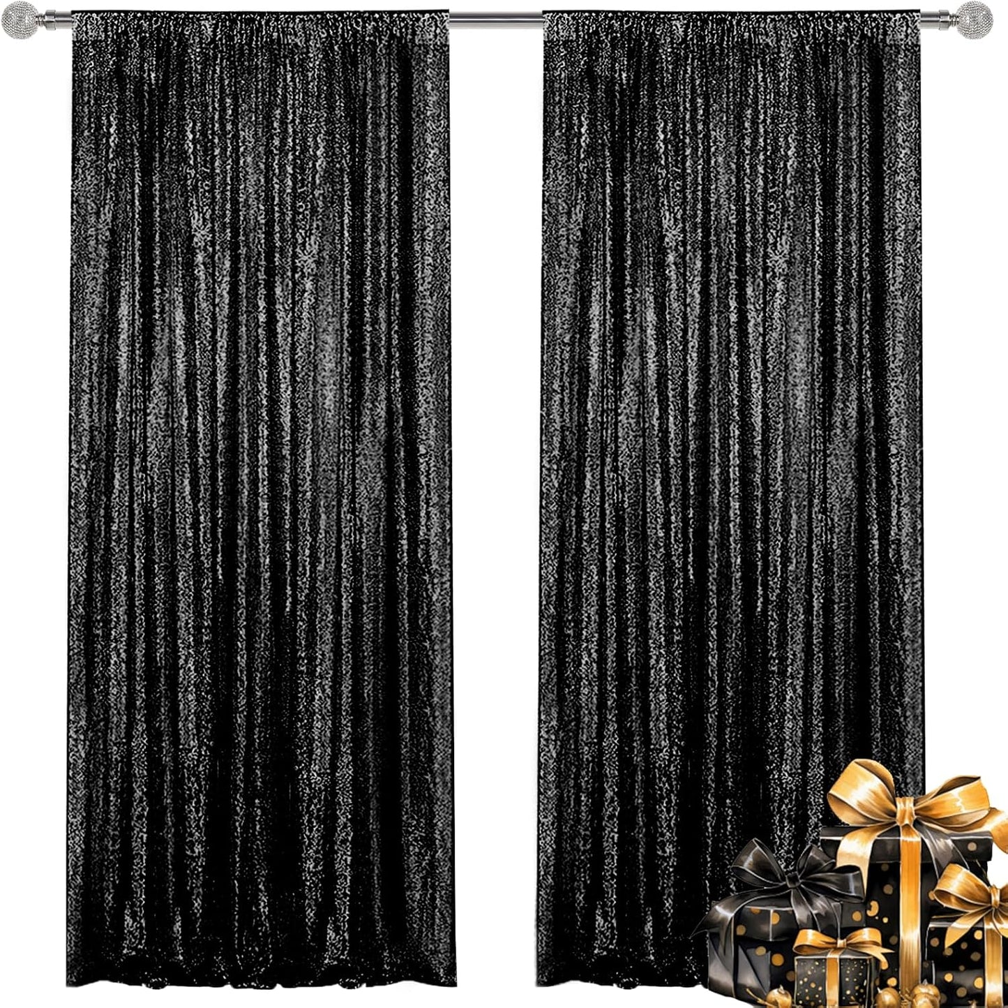 Black Sequin Backdrop Curtain 2 Pieces 2FTx8FT Glitter Photography Backdrop for Party Wedding Birthday Christmas Decorations