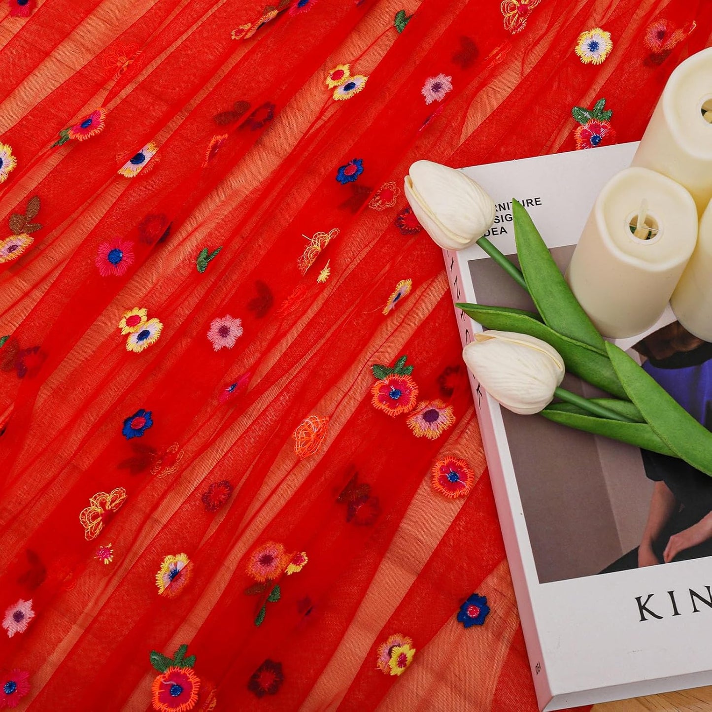 BINBE 3pcs Daisy Fall Table Runner Embroidery Gauze 10FT Florals Seasonal Tulle Holiday Birthday Kitchen Dining Table Decor for Home Party Red