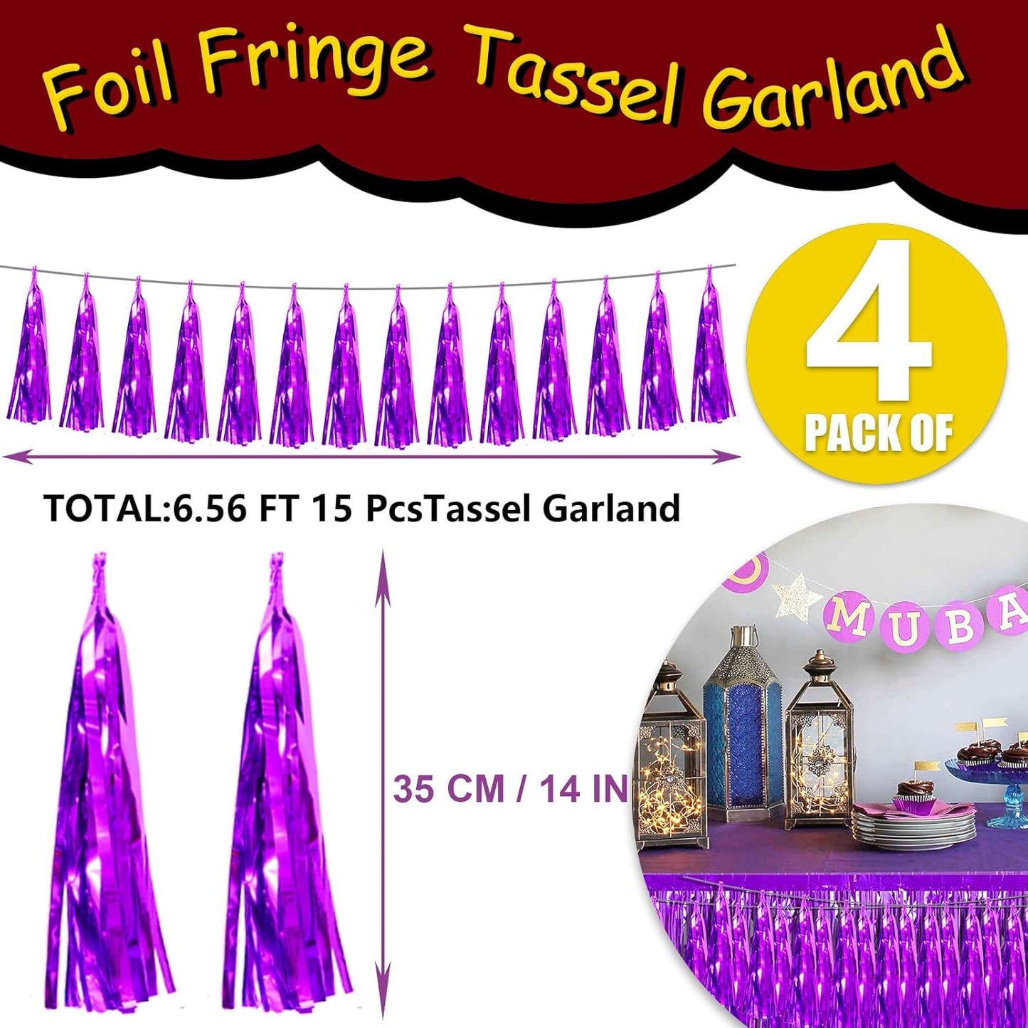 4P Purple Foil Fringe Tassel Banner Garland Metallic Tinsel Streamers Wall Hanging Curtain Backdrop Banner for Parade Floats, 2024 Graduation Decorations, Father's Day Party Decoration
