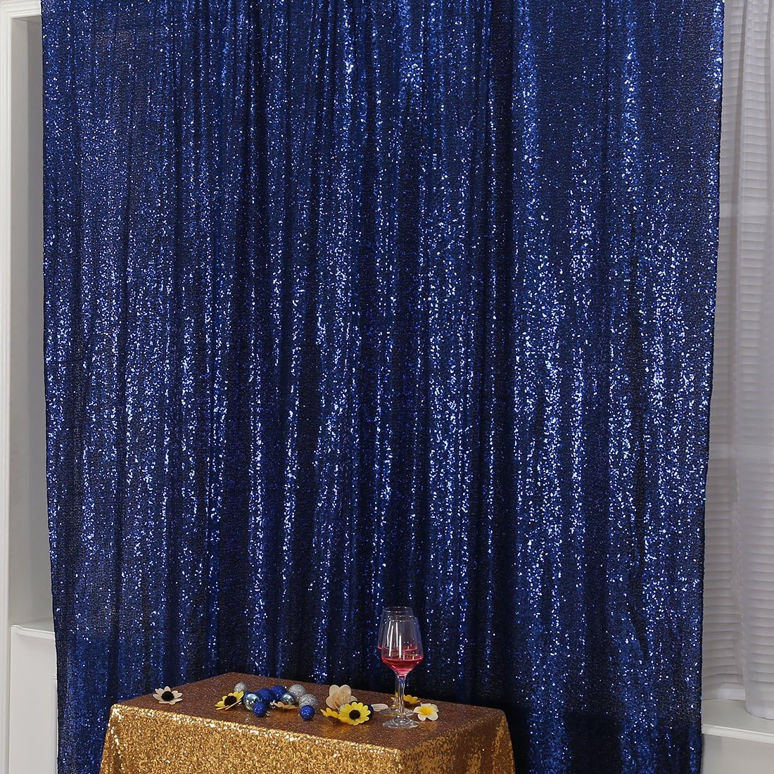 Poise3EHome 7FT x 7FT Sequin Photography Backdrop Curtain for Party Decoration, Navy Blue