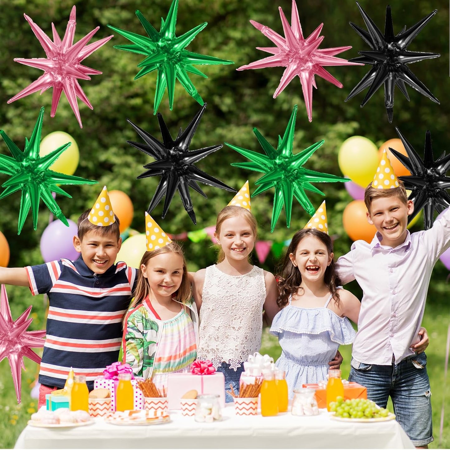 Pink Green Black Star Balloons,9Pcs 22Inch Pink Green Explosion Spike Cone Helium Polyester Film Star Foil Balloons for Witch Birthday Anniversary Disco Party Decorations
