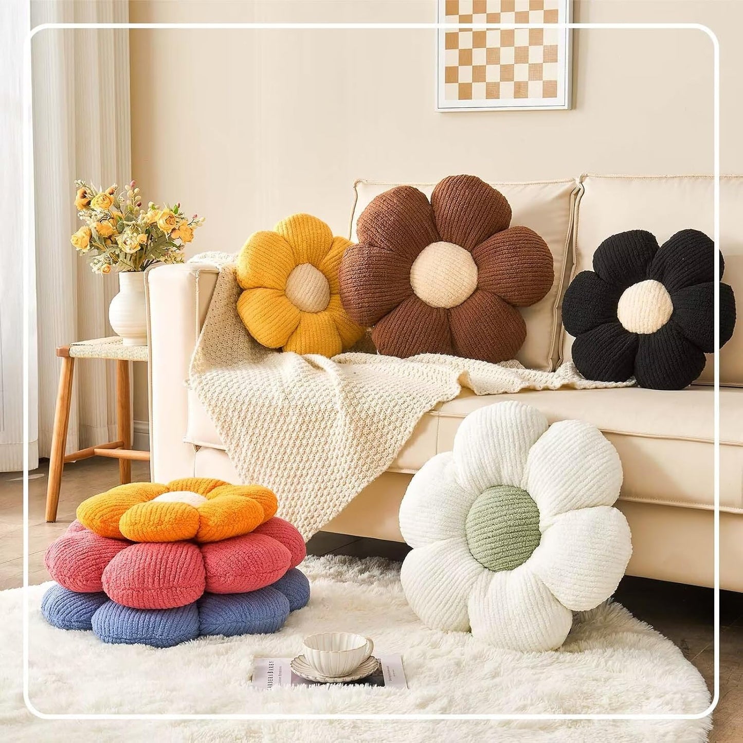 Flower Throw Pillow, Soft Black 17.7" Shaped Floor Pillow for Home Decor, Cute Aesthetic Plush Decorative Pillows for Bed, Sofa, Couch