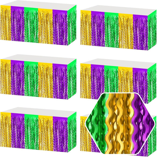 6 Pack 29 x108 Inch Gold Green Purple Wave Foil Fringe Table Skirts Metallic Banner for Tinsel Streamer Garland Backdrop for Parade Floats, Mother's Day, Easter, Wedding, Birthday Party Decoration