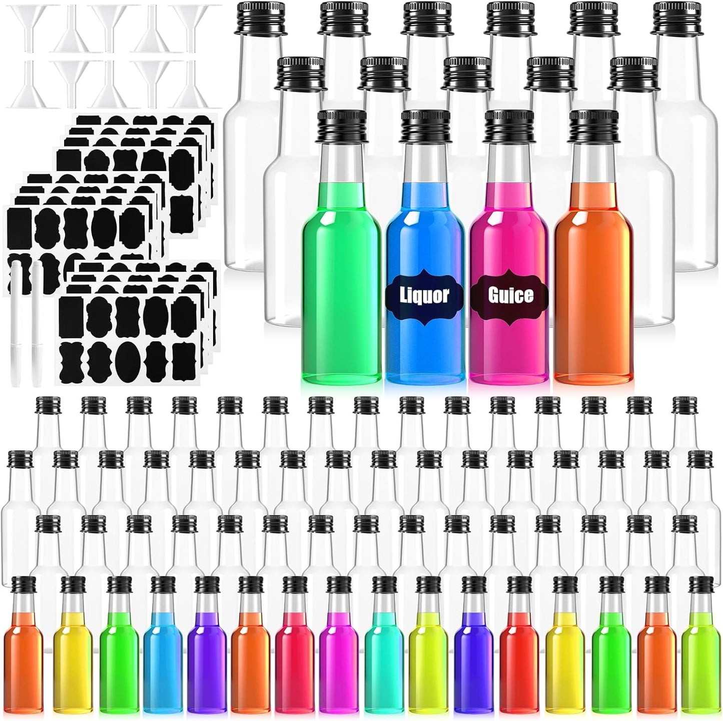 120 Pcs Mini Liquor Bottles with Black Cap, 2oz Plastic Alcohol Bottle, Mini Salad Dressing Bottles, Food-Grade Empty Spirit Bottle with Funnels for Cocktail Party Weddings