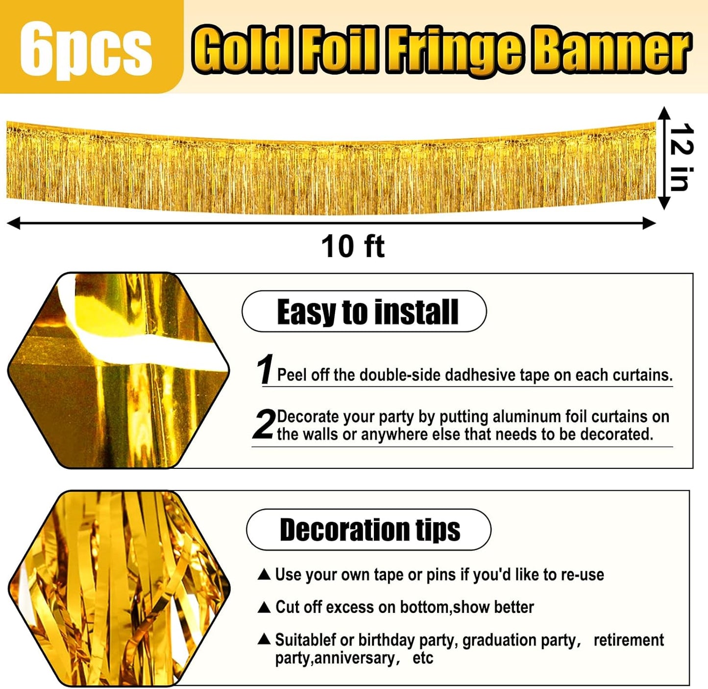 6 Pack 10 Feet Gold Foil Fringe Garland Metallic Tinsel Streamers Banner Wall Hanging Curtain Backdrop for Parade Floats, Birthday, Graduate, Mother's Day, Wedding Party Decoration