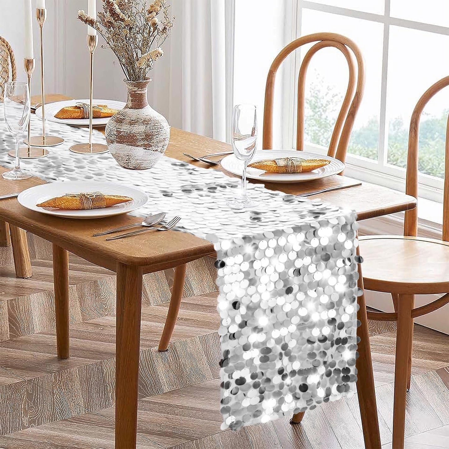 VHH Sequin Table Runner 12 x 108 inches Silver Table Runner, Glitter Runner for Party Wedding Birthday, Party Spring Easter Rustic, Birthday Supplies Decorations (1 Pack).