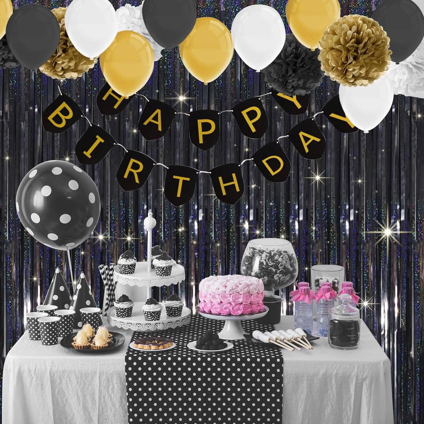 QRabbit 4 Pack Black Tinsel Foil Fringe Curtains - 3.3x6.6 Ft Metallic Party Streamers Backdrop for Birthday Wedding Christmas Party Decor, Self-Adhesive Photo Booth Wall Door Decorations