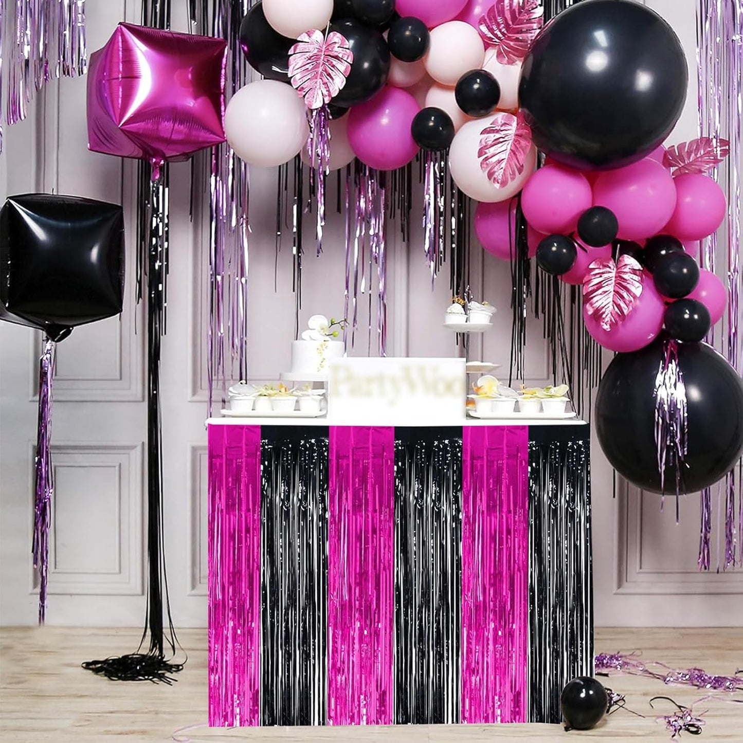 BEISHIDA 2 Pack Hot Pink Black Table Skirts Party Decorations Purple Metallic Tinsel Foil Fringe Table Skirts for Mouse Theme Birthday Mean Girls Hot Girls Wednesday Party