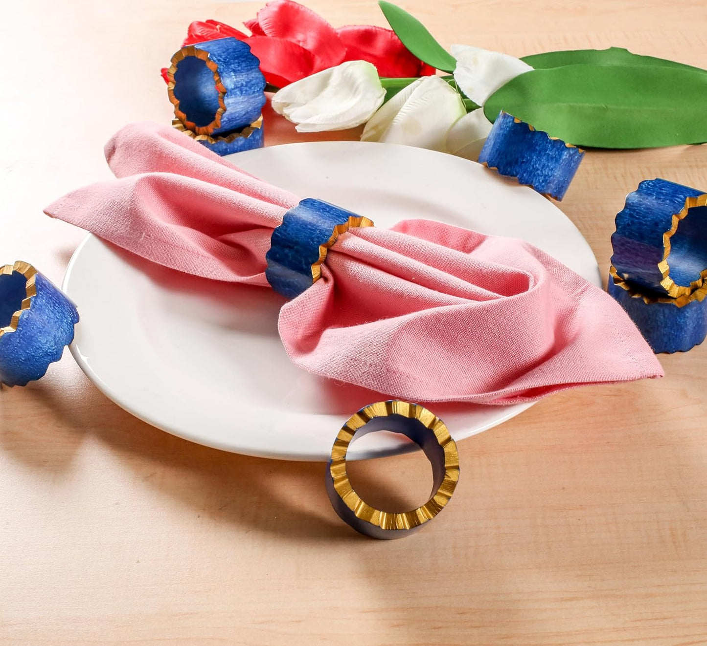 Handmade Epoxy Napkin Rings Set of 12 | Elegant Table Decor for Dining, Weddings & Events | Durable & Stylish Napkin Rings Holders | Art Deco Design (Blue Gold) - ALPHA Living HOME