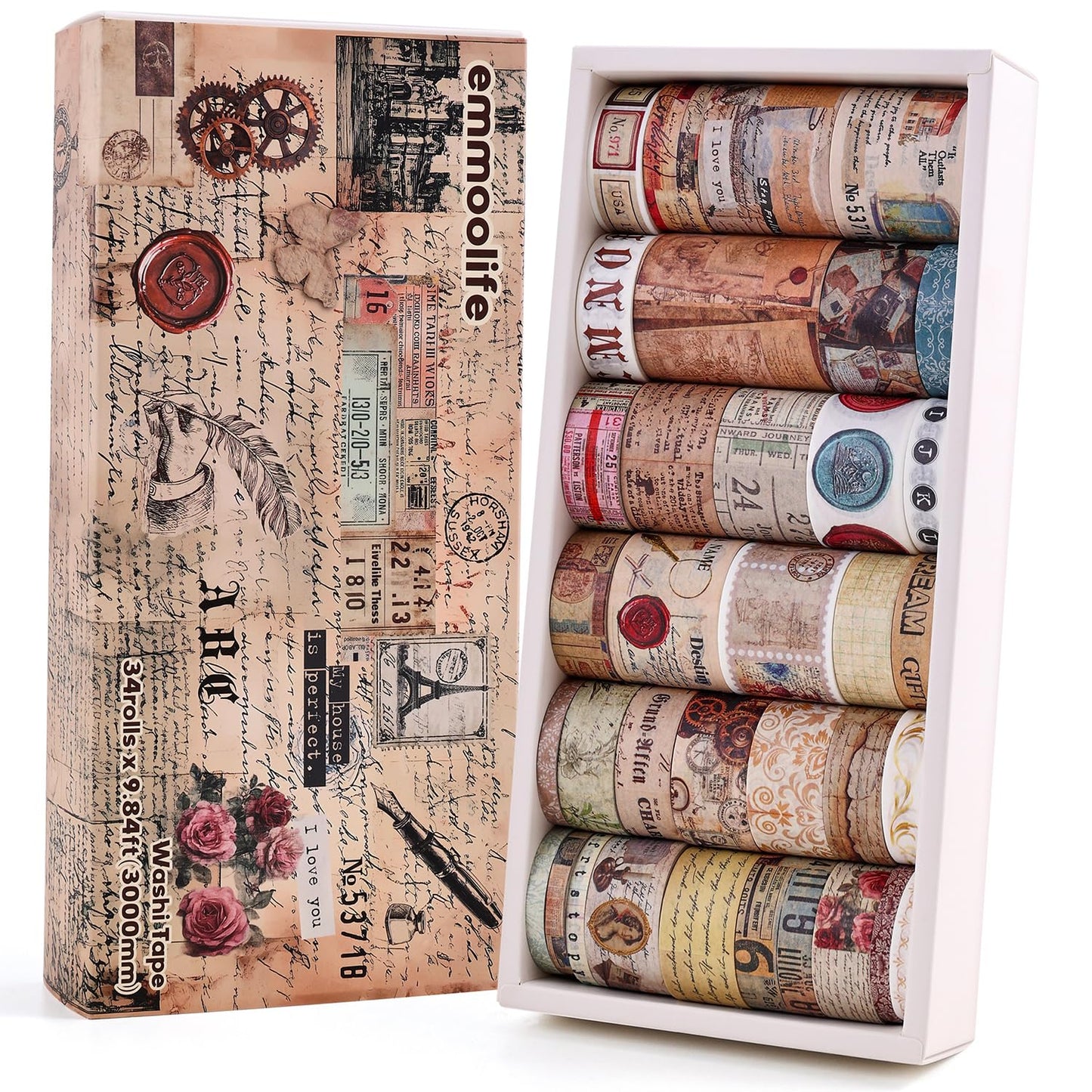 34 Rolls Vintage Washi Tape Set,Letter Map Stamp Stripe Literature Art Writable Aesthetic Washy Decorative Tapes for Scrapbooking, Junk Journal Supplies, Bullet Journaling 5-50mm Wide (3m Long)/Roll