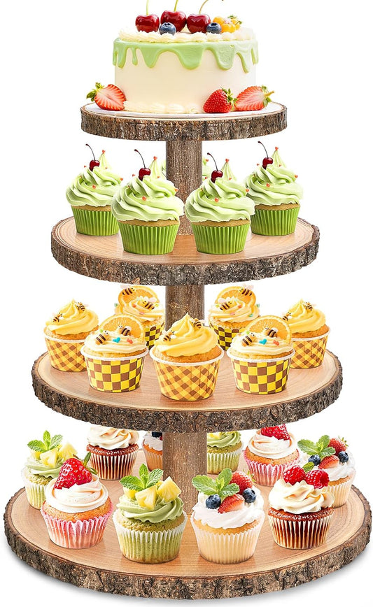 Wooden Cupcake Stand for 50 Cupcakes 4-Tier Dessert Tower Rustic Tiered Display Stand for Woodland Baby Shower Decorations, Farmers Market Decor, Wedding, Birthday, Graduation, Tea Party