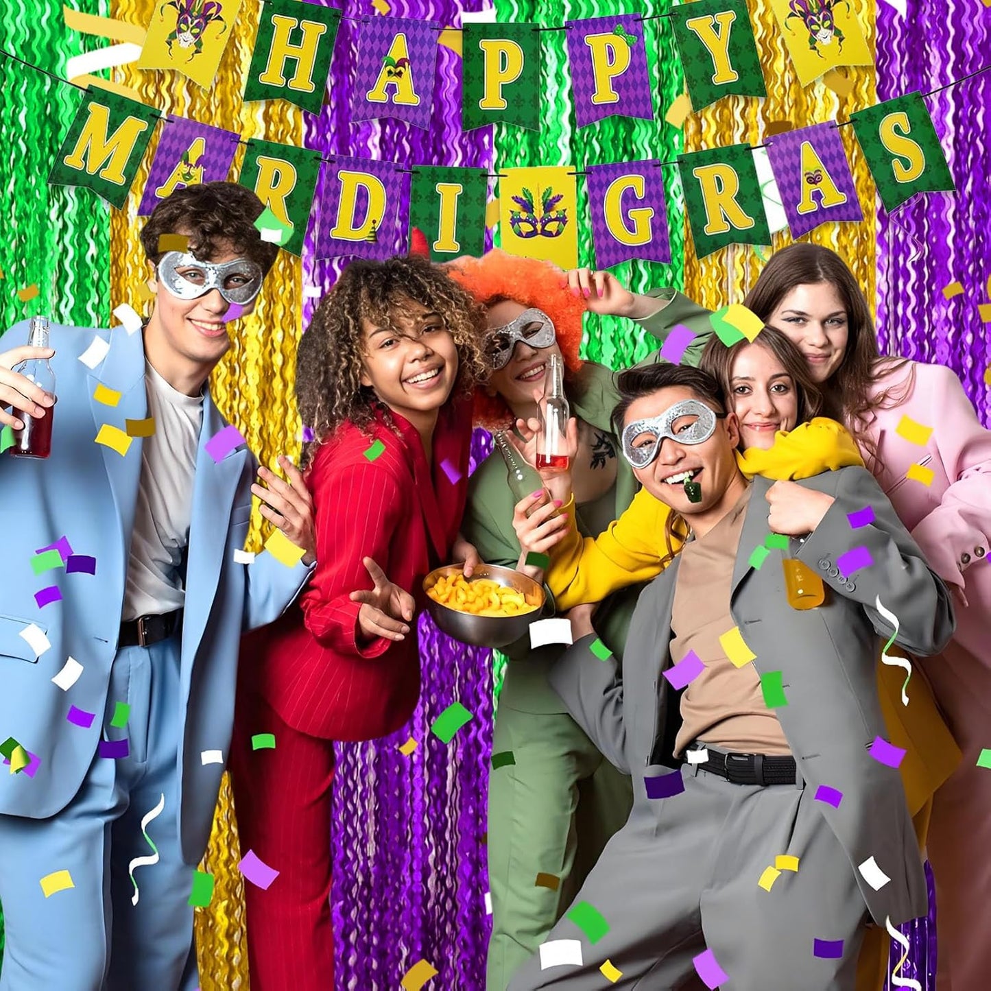 4 Pack Gold Green Purple Wave Foil Fringe Curtain Backdrop, 3.28Ft x 8.2Ft Metallic Tinsel Foil Fringe Streamer Curtains for Photo Booth, Mother's Day, Easter, Birthday, Wedding Party Decoration