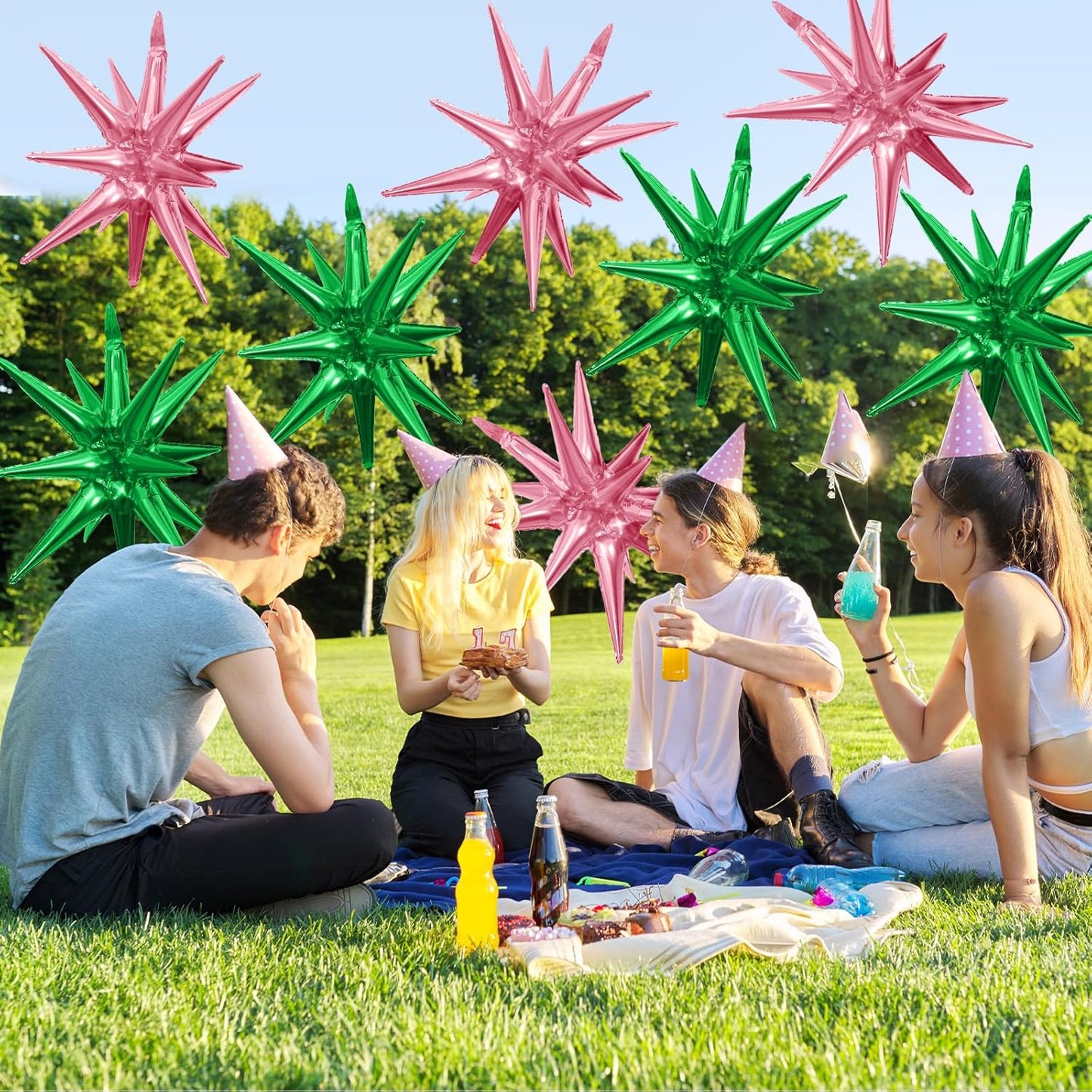 Pink Green Star Balloons,9Pcs 22Inch Pink Green Explosion Spike Cone Helium Polyester Film Star Foil Balloons for Witch Birthday Anniversary Disco Party Decorations