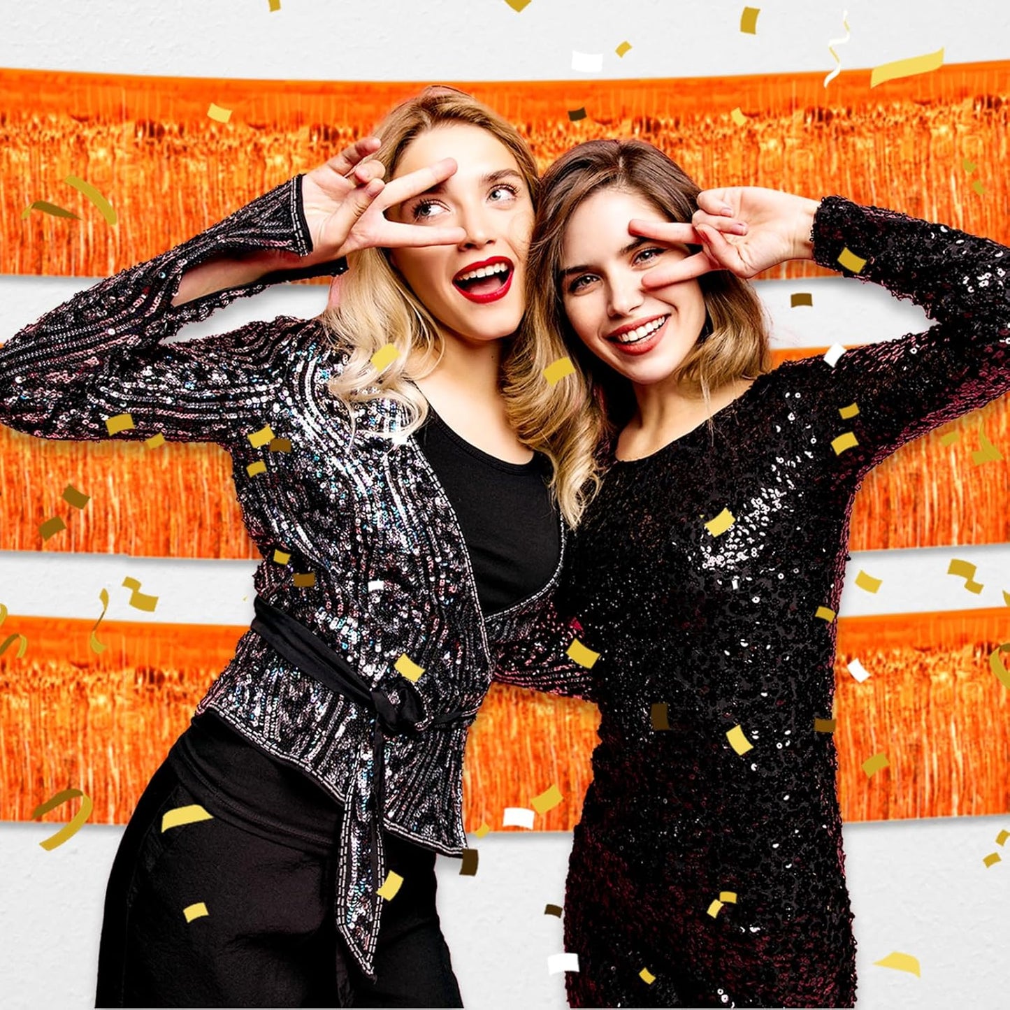 4 Pack 10 Feet Orange Foil Fringe Garland Metallic Tinsel Streamers Banner Wall Hanging Curtain Backdrop for Parade Floats, Wedding, Graduate, Mother's Day, Birthday Party Decoration