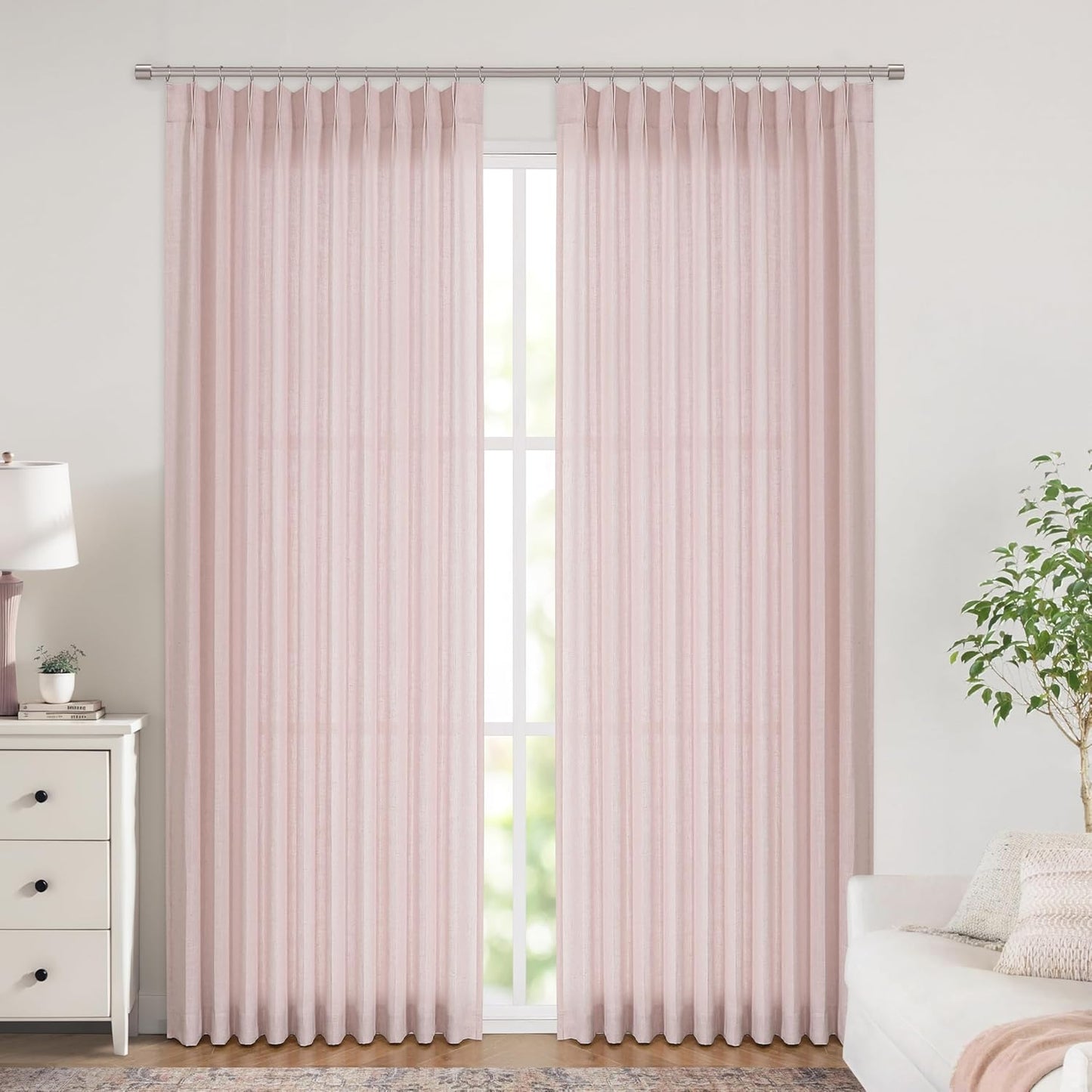 Vision Home Soft Pink Pinch Pleated Semi Sheer Curtains Textured Linen Blended Light Filtering Window Curtains 95 inch for Living Room Bedroom Patio Pinch Pleat Drapes with Hooks 1 Panel 60" Wx95 L