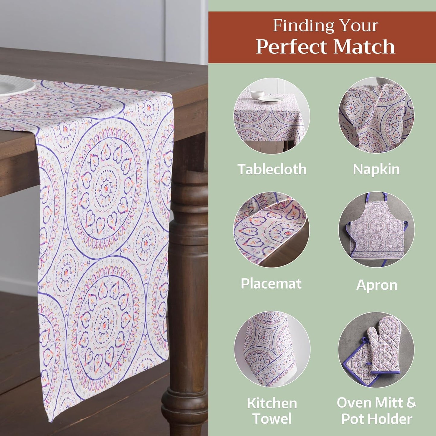 Maison d' Hermine Table Runner 100% Cotton Single Layer Table Runners 108 inches Long Decorative for Home Kitchen Dining Party Baby Shower Wedding Bridal Shower Spring Summer (Mandala, 14.50" x 108")