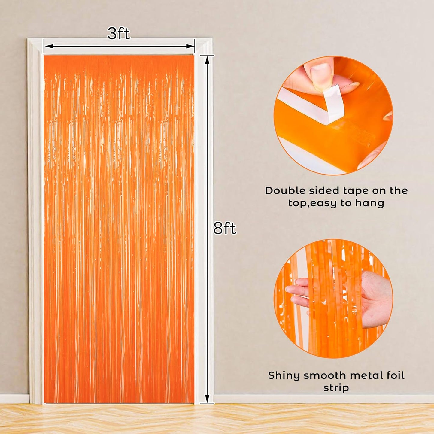BTSD-home Orange Foil Fringe Curtain, Metallic Photo Booth Backdrop Tinsel Door Curtains for Wedding Birthday Bridal Shower Baby Shower Bachelorette Christmas Party Decorations(4 Pack, 8ft x 3ft)