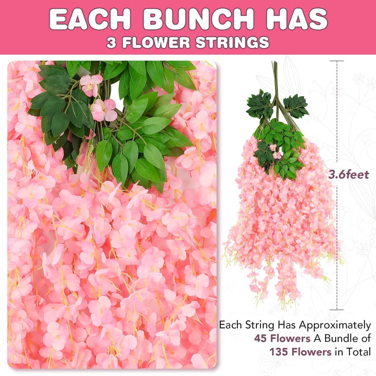 Wisteria Hanging Flowers,Fake Hanging Flowers,Wisteria artificiales Garland for Home Wedding Arch Floral Party Garden Ceremony Outdoor Decor,3.6 feet Long(48,Pink)