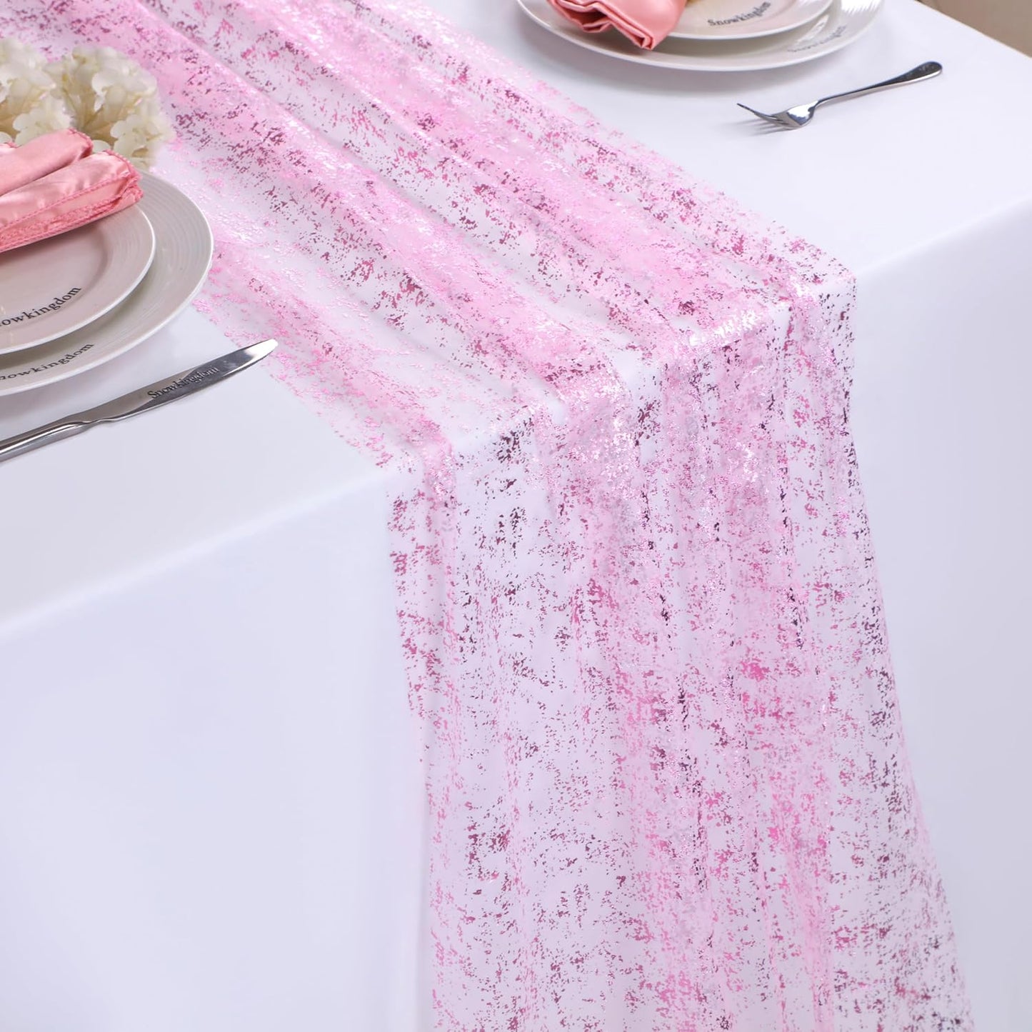 Snowkingdom 10 FT Pink Table Runner, Sequin Glitter Sheer Chiffon Gauze Cheesecloth Pastel Runner 120 Inch , Pink Party Table Decoration for Birthday Wedding Bridal Baby Shower Spring Summer Holiday