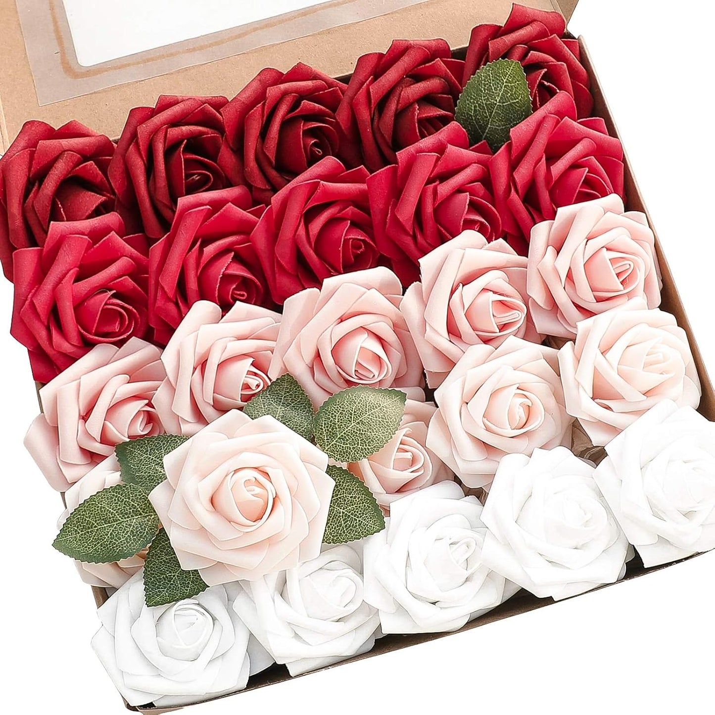 Floroom Artificial Flowers 25pcs Real Looking Dark Red Ombre Colors Foam Fake Roses with Stems for DIY Wedding Bouquets Bridal Shower Centerpieces Floral Arrangements Party Tables Home Decorations