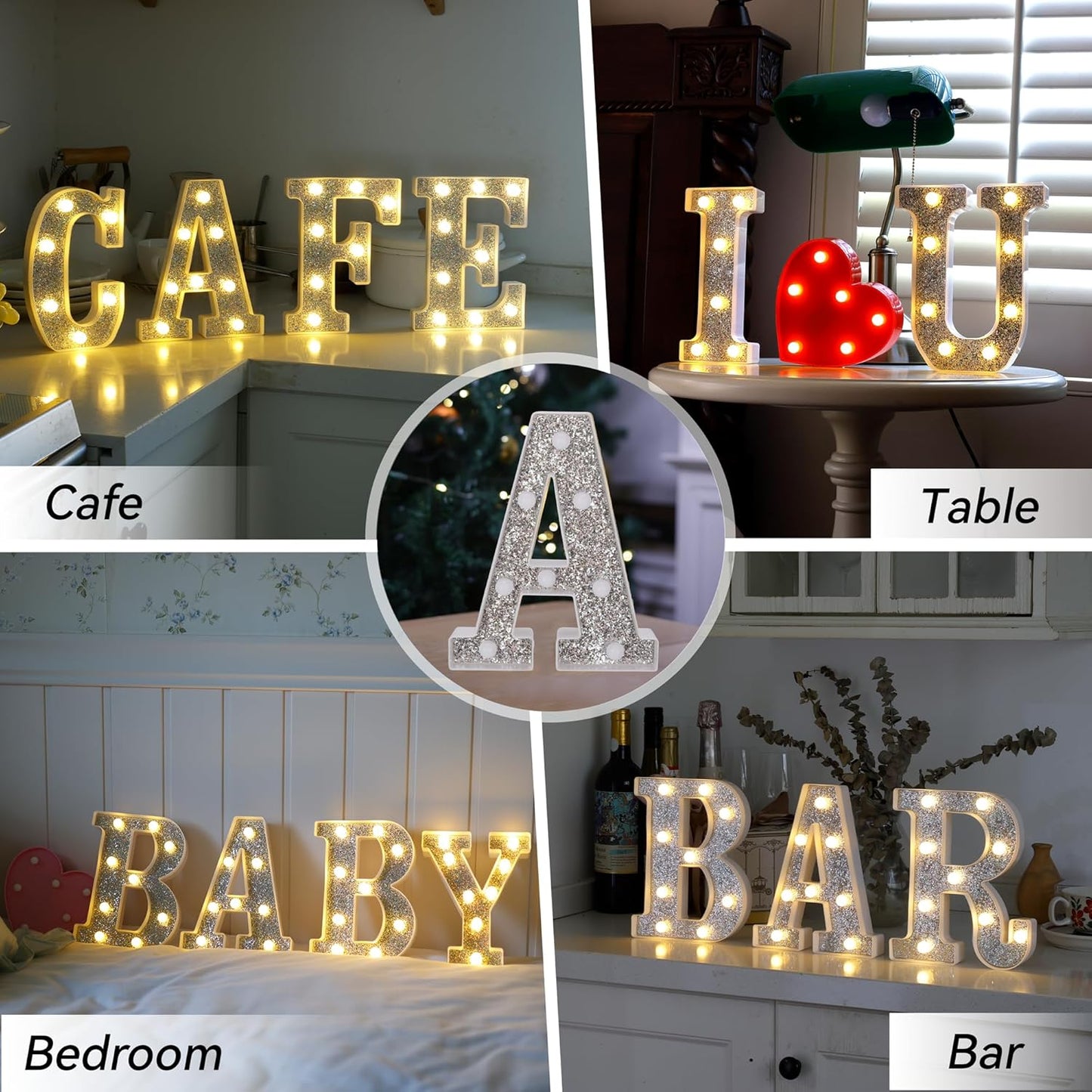 Marquee Light Up Letters, Glitter Silver LED Letter Lights Battery Powered Alphabet Letter Sign for Night Light Wedding Birthday Party Cafe Bar Decoration Girls Room Decor - I
