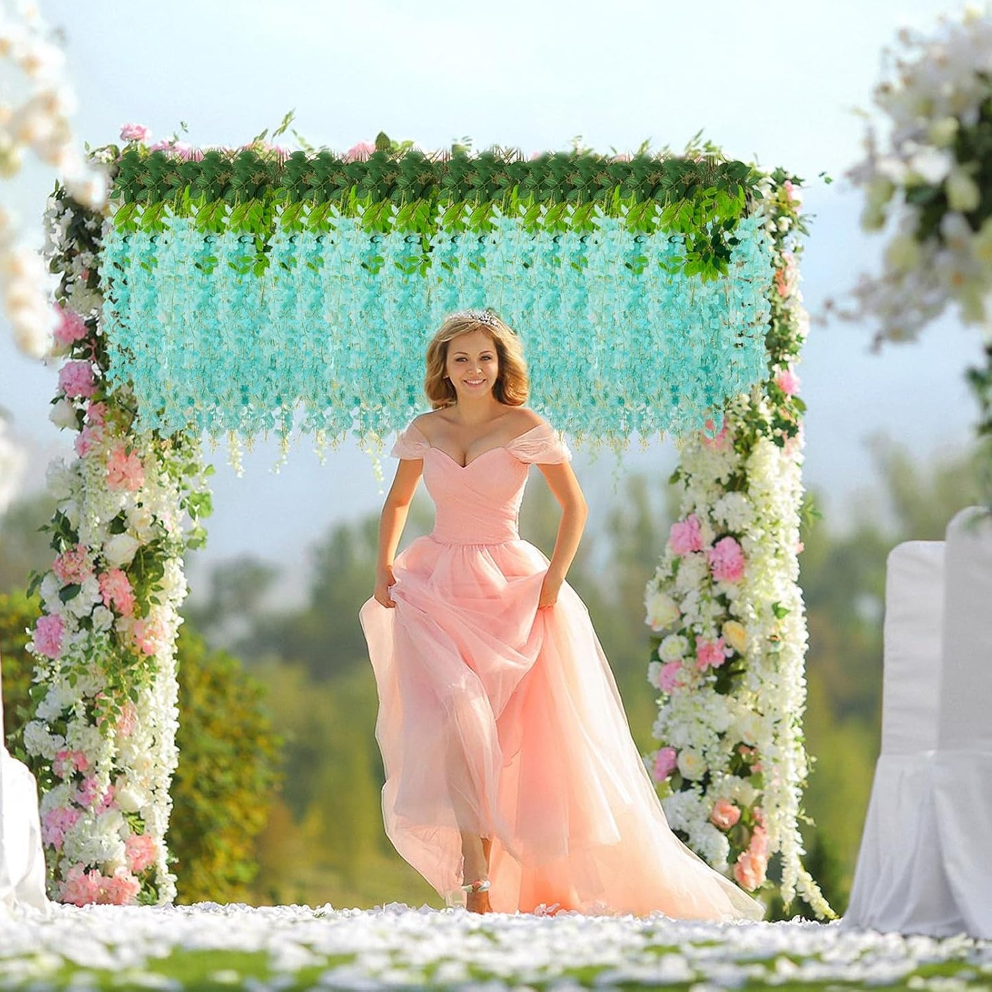 36 Pack Teal Wisteria Hanging Flowers, 3.44 Ft Fake Hanging Flowers, Artificial Wisteria Garland Vines for Wedding Room Backdrop Outdoor Patio Garden Decoration