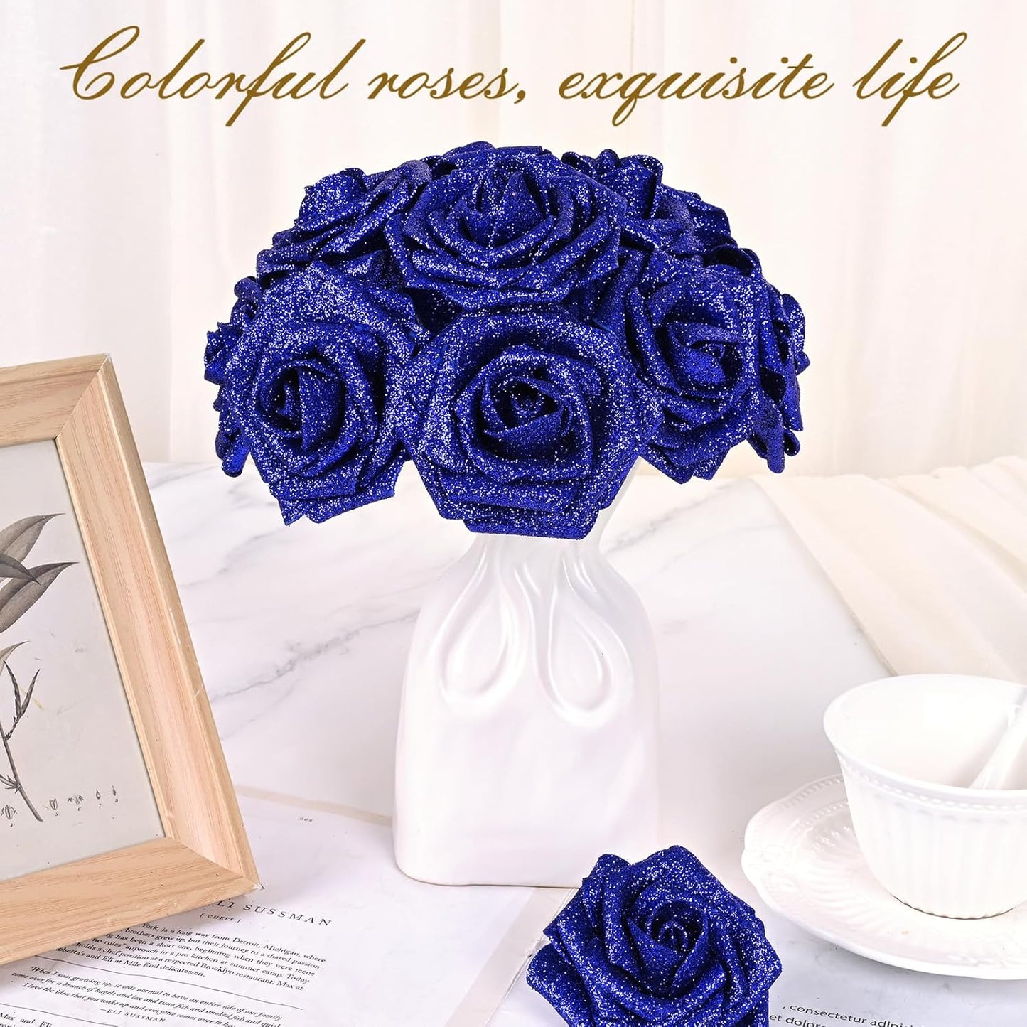BLEUM CADE 36Pcs Artificial Flowers Fake Roses with Stems, Blue Glitter Boxed Foam Roses for DIY Bouquets Centerpieces Wedding Party Arrangement Bridal Shower Decor
