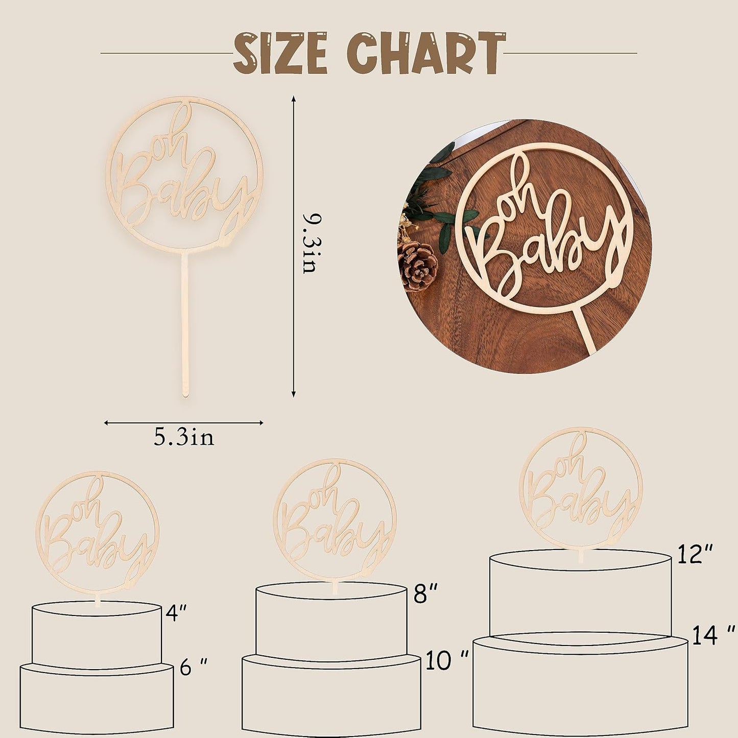 Oh Baby Wooden Cake Topper - Baby Shower Decoration,Gender Reveal Cake Doceration Supplies，Newtral Baby Shower Photo Props
