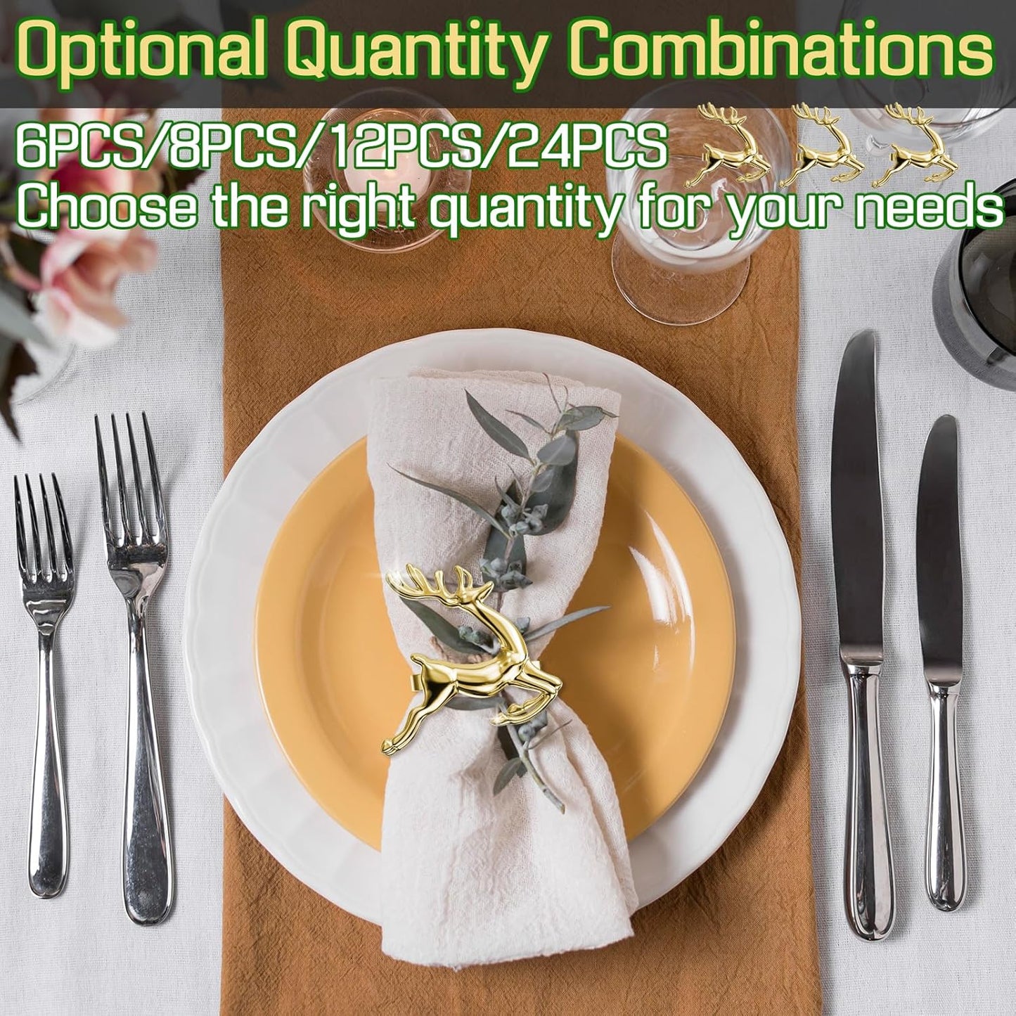 ZeeDix Gold Reindeer Christmas Napkin Rings Set of 8, Napkin Holder Ring for Christmas Dinner Table Decor Cloth Napkins, Wedding Receptions, Holiday Party, Banquet and Home Kitchen